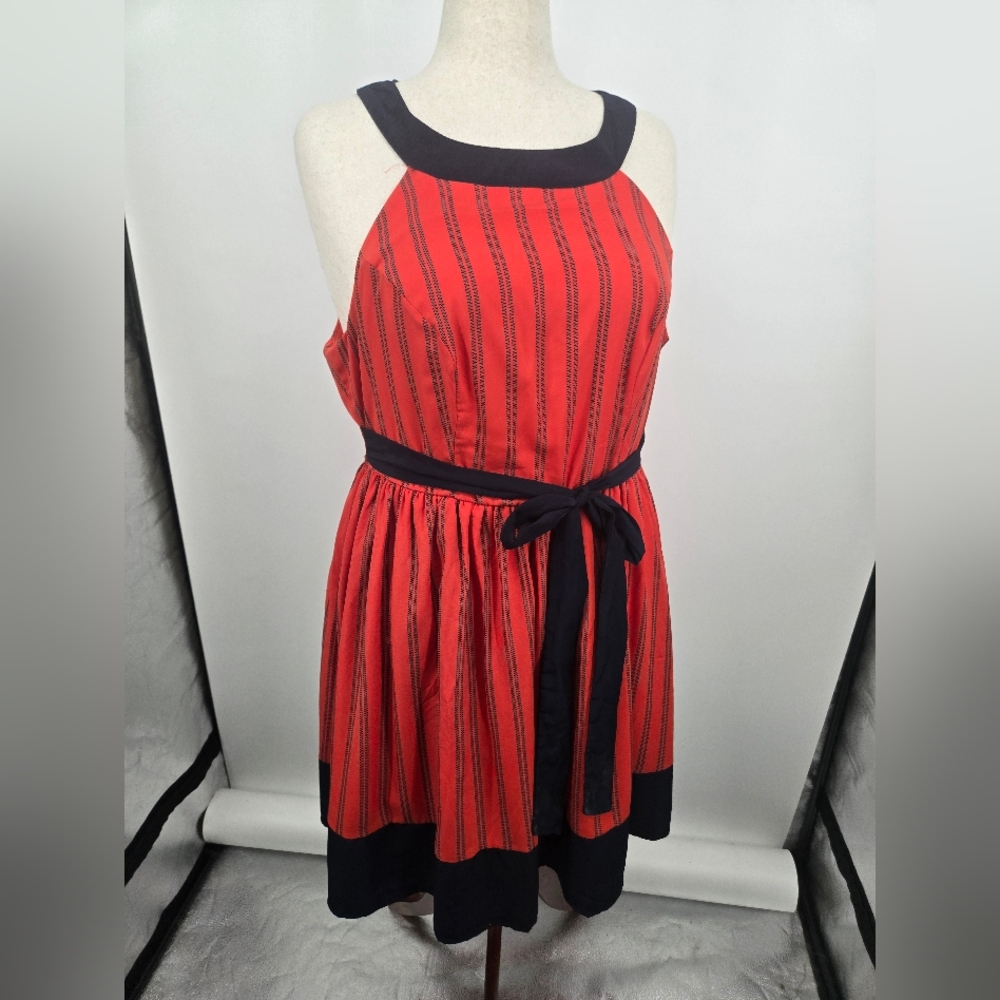 Yellow Star Red Vertical Striped Halter Mini Dress with Black Trim 1X (6588)